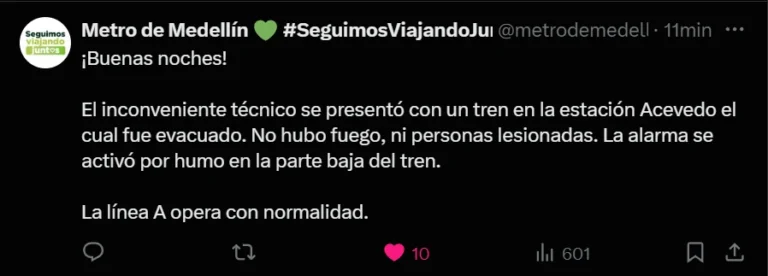 ¿Qué pasó? Metro informa que fue controlado el humo en la estación Acevedo y que funciona con normalidad