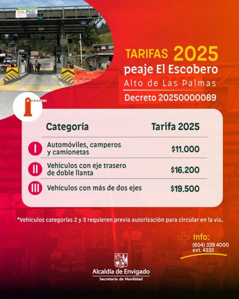 Nuevas tarifas del peaje Escobero – Alto de Las Palmas en Envigado